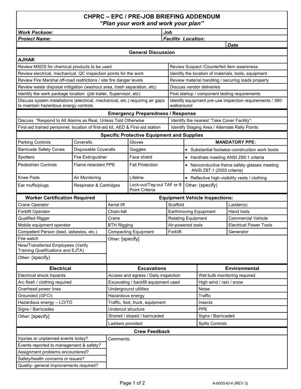 CHPRC EPC CONSTRUCTION / DAILY PRE-JOB BRIEFING (Continued)