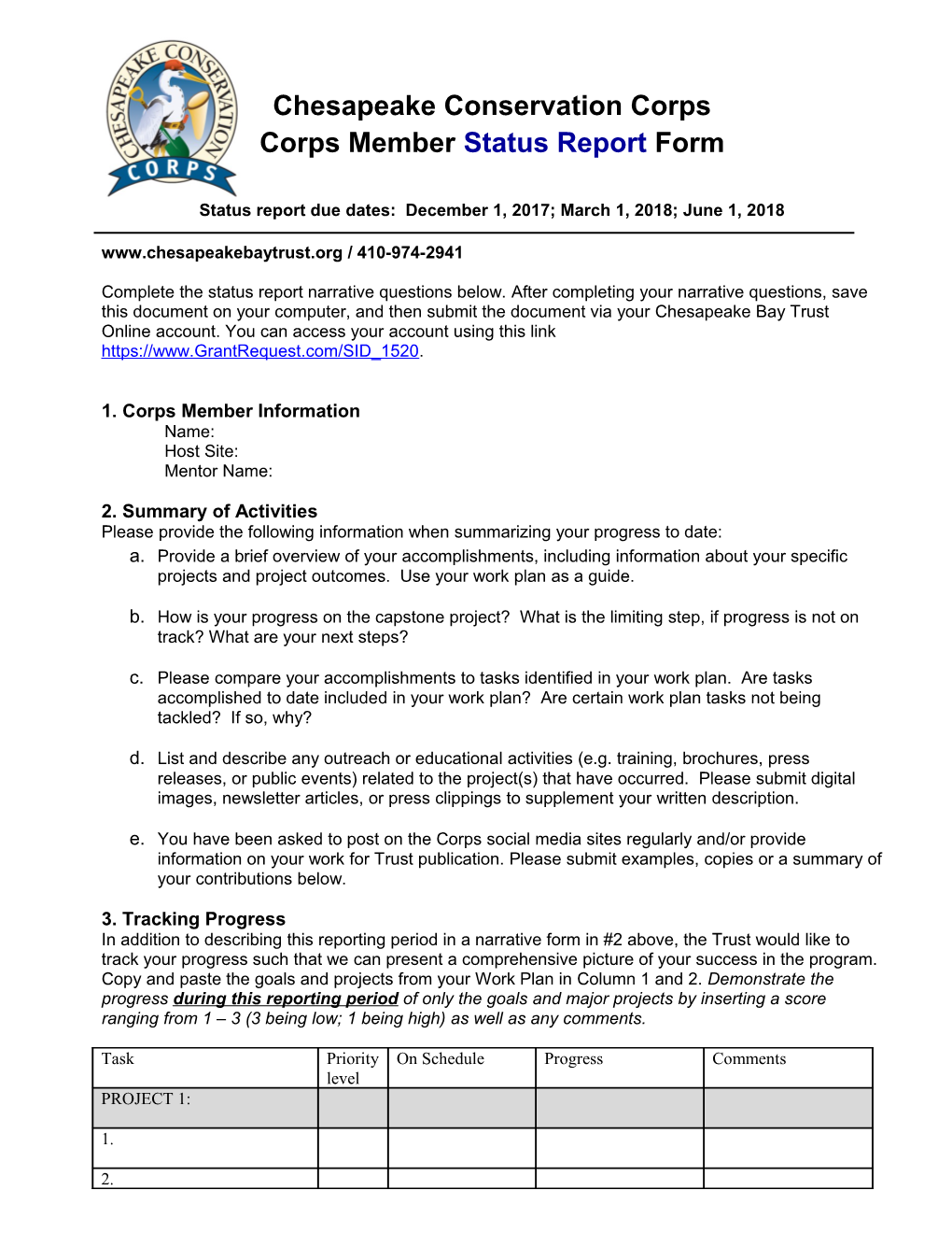 Corps Member Status Report Formpage 1