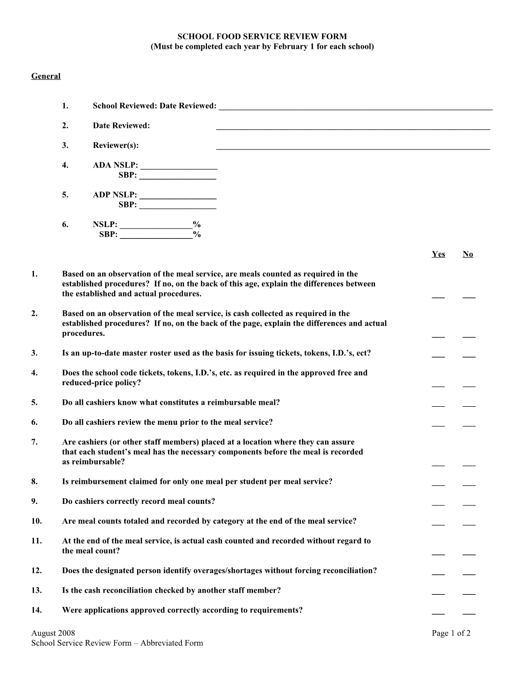 School Food Service Review Form