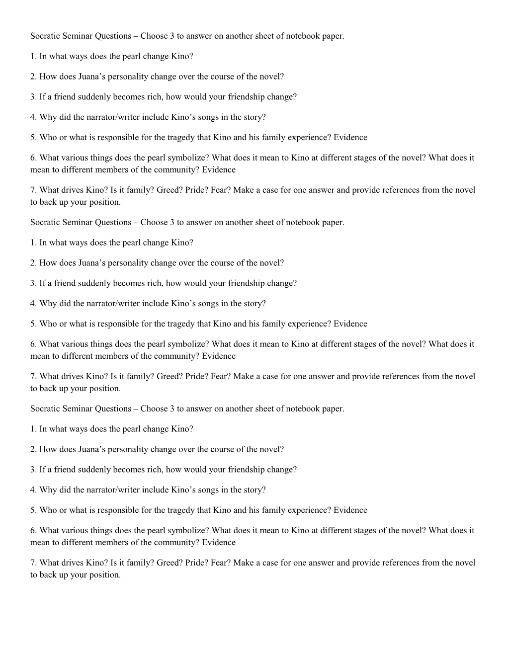 Socratic Seminar Questions Choose 3 to Answer on Another Sheet of Notebook Paper