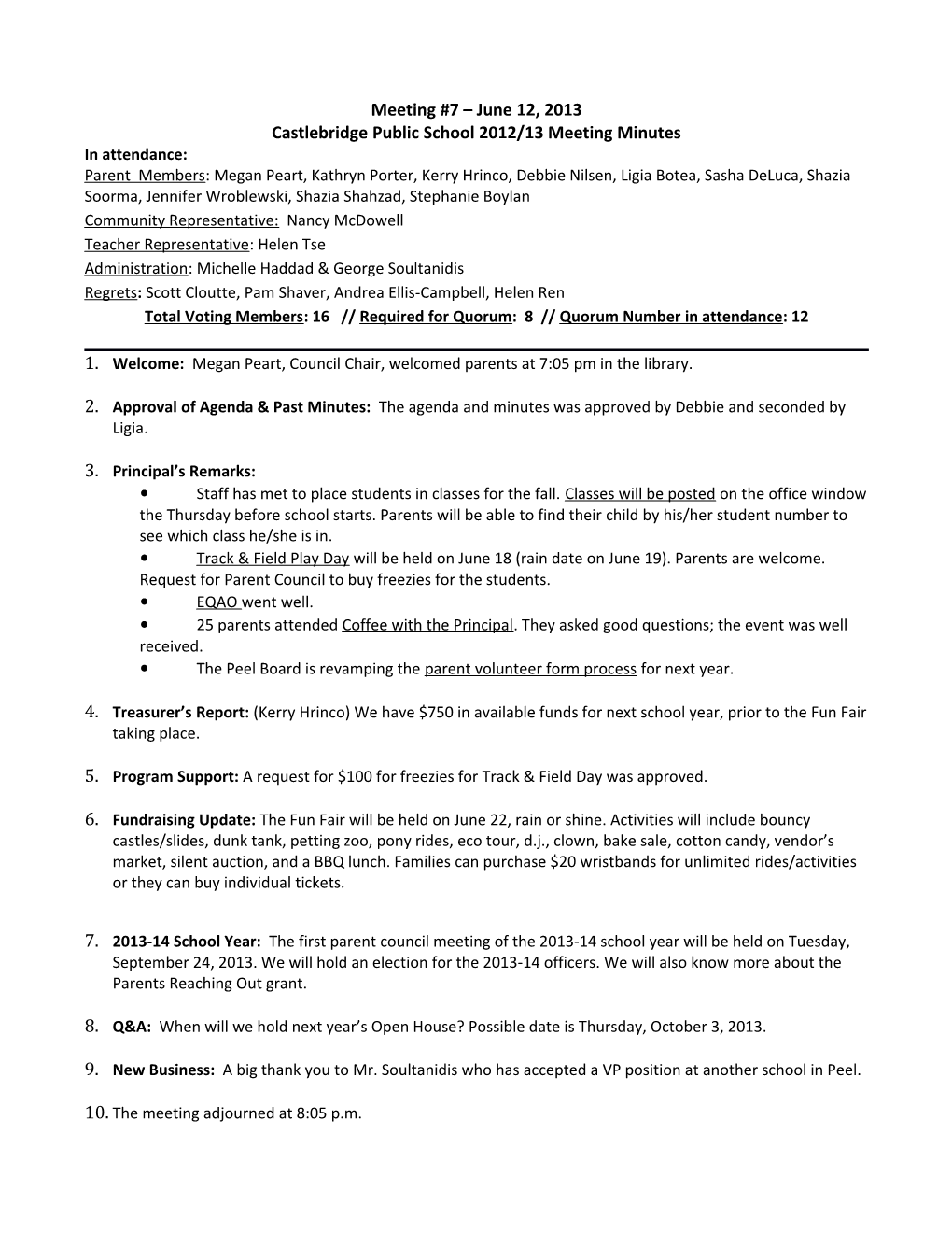 Castlebridge Public School 2012/13 Meeting Minutes