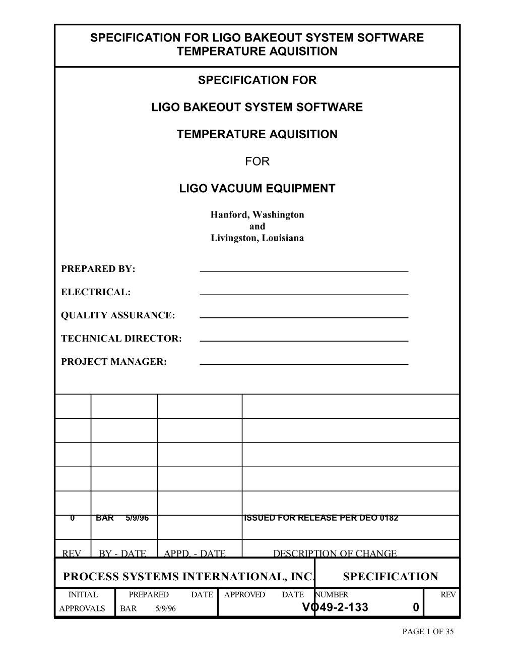 Title: SPECIFICATION for LIGO BAKEOUT SYSTEMSOFTWARE