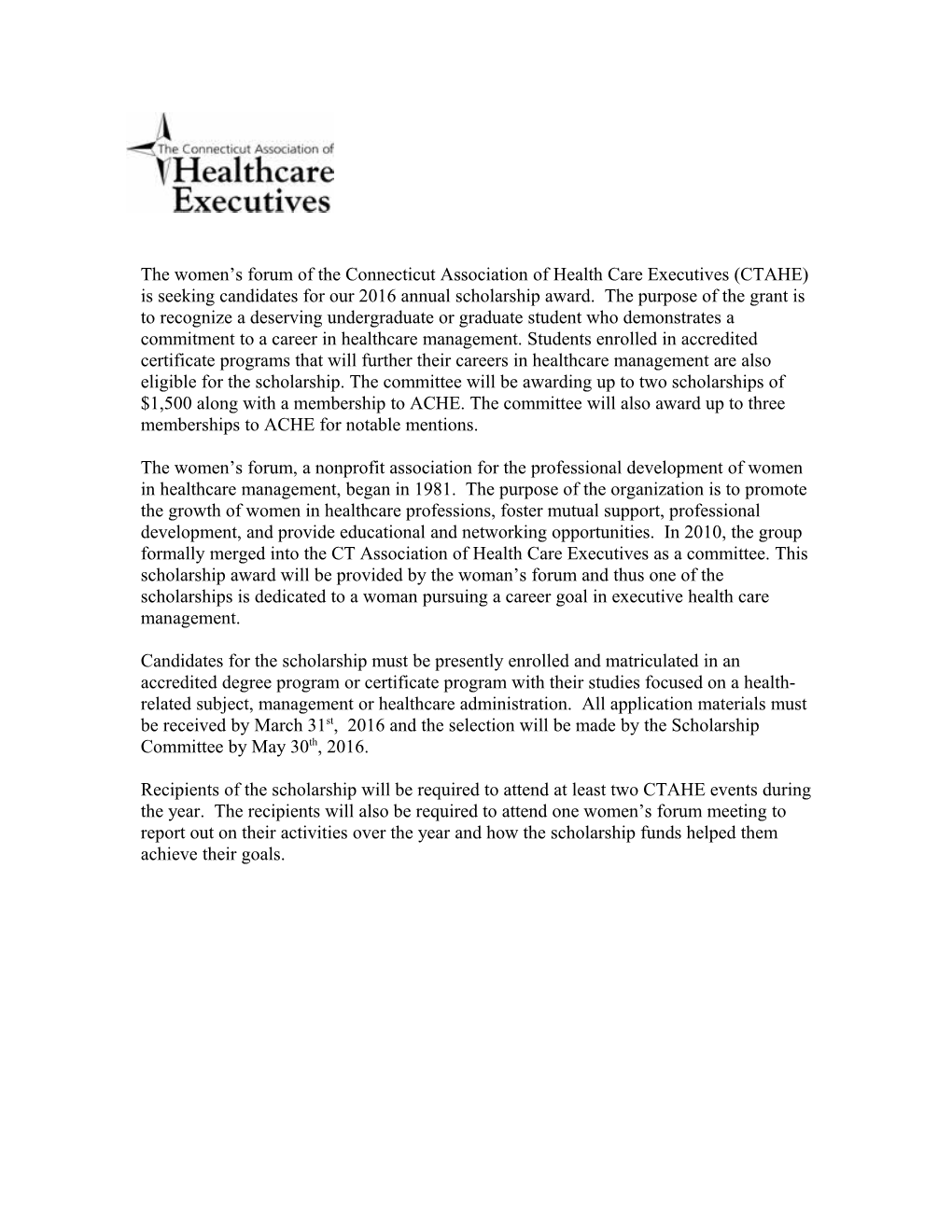 CT Women in Healthcare Management Offers Scholarship