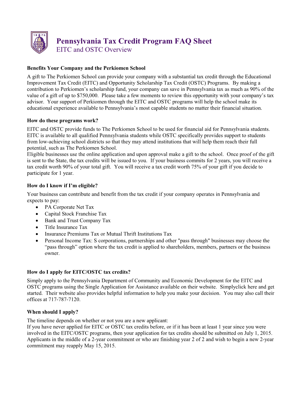 Pennsylvania Tax Credit Program FAQ Sheet