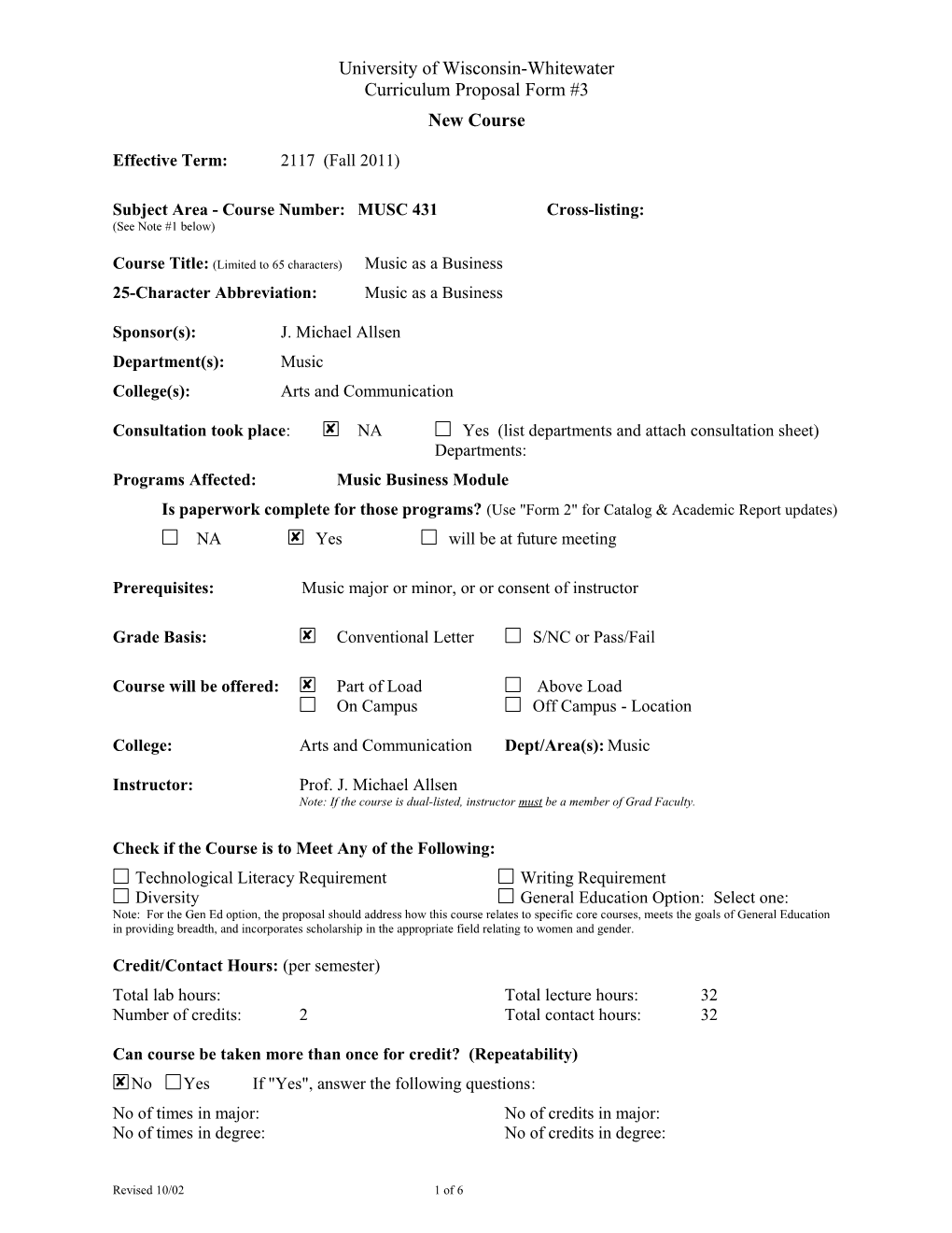 Subject Area - Course Number:MUSC 431Cross-Listing