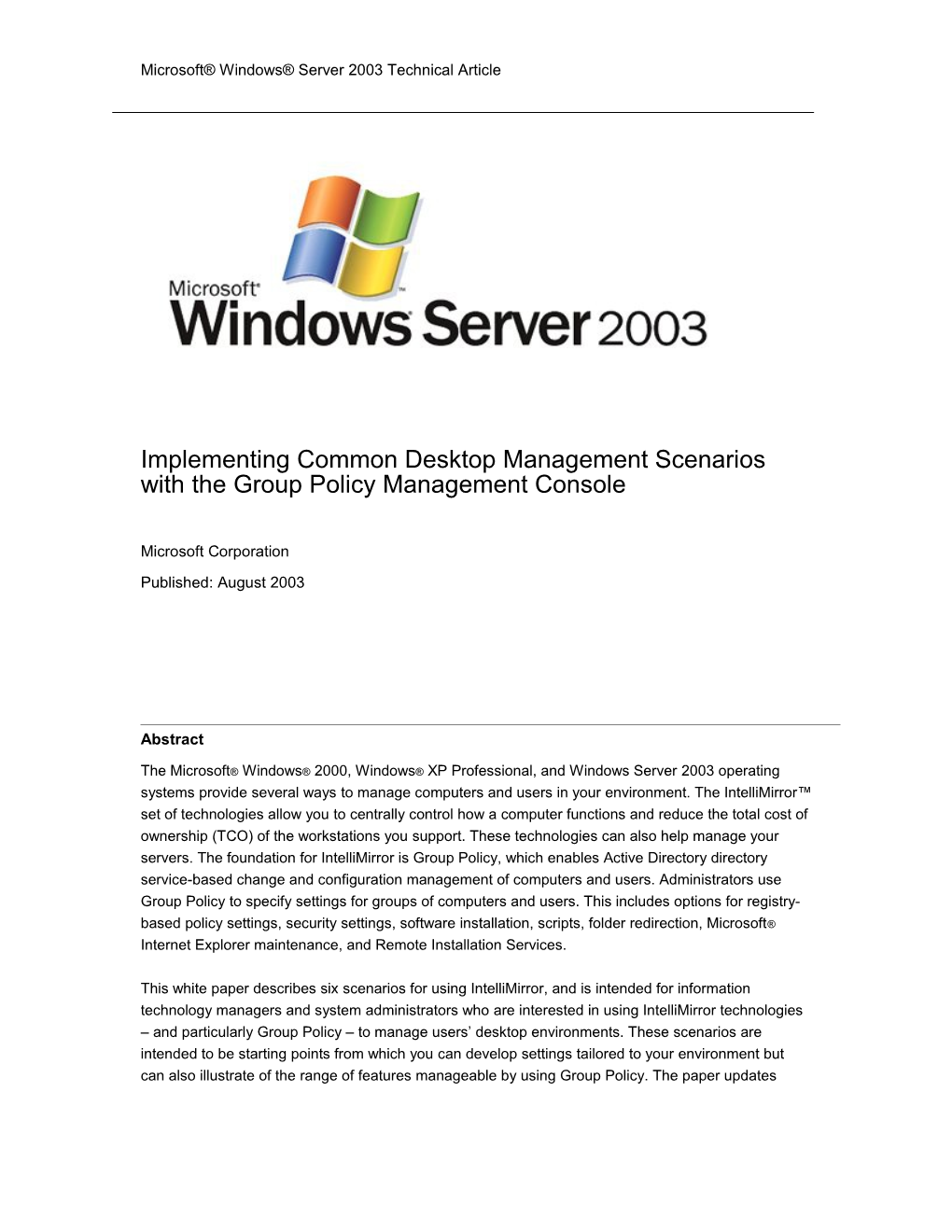 Microsoft Windows Server 2003 Technical Article