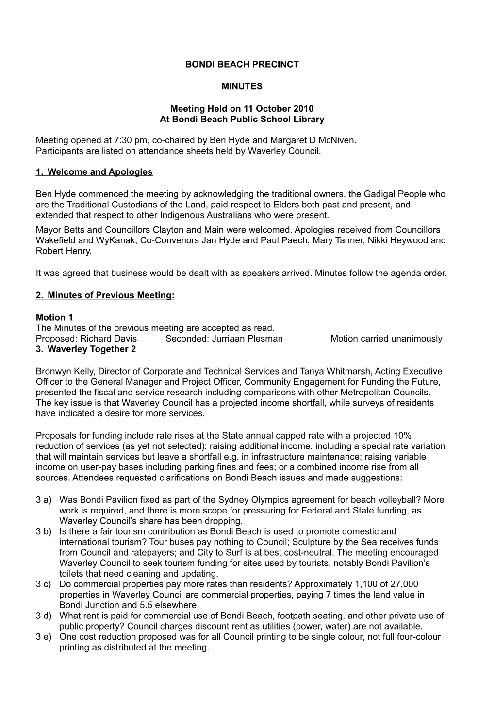 Minutes of Bondi Beach Precinct Meeting