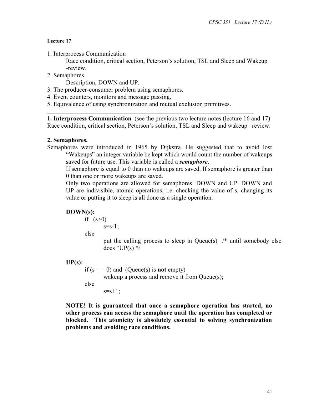 CPSC 351 Lecture 17 (D.H.)