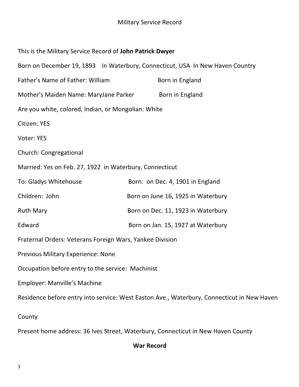 This Is the Military Service Record of John Patrick Dwyer