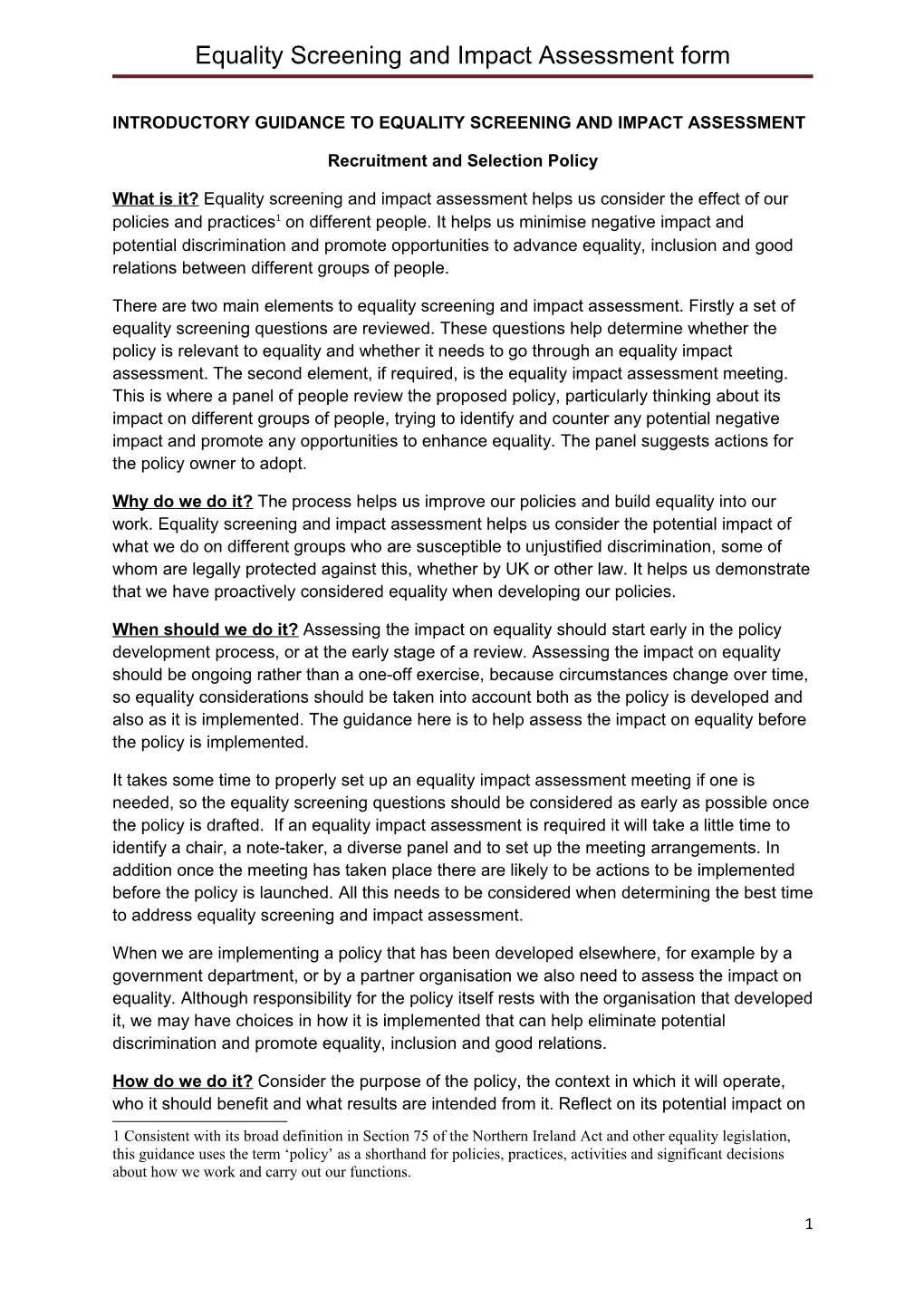 Equality Screening and Impact Assessment Form