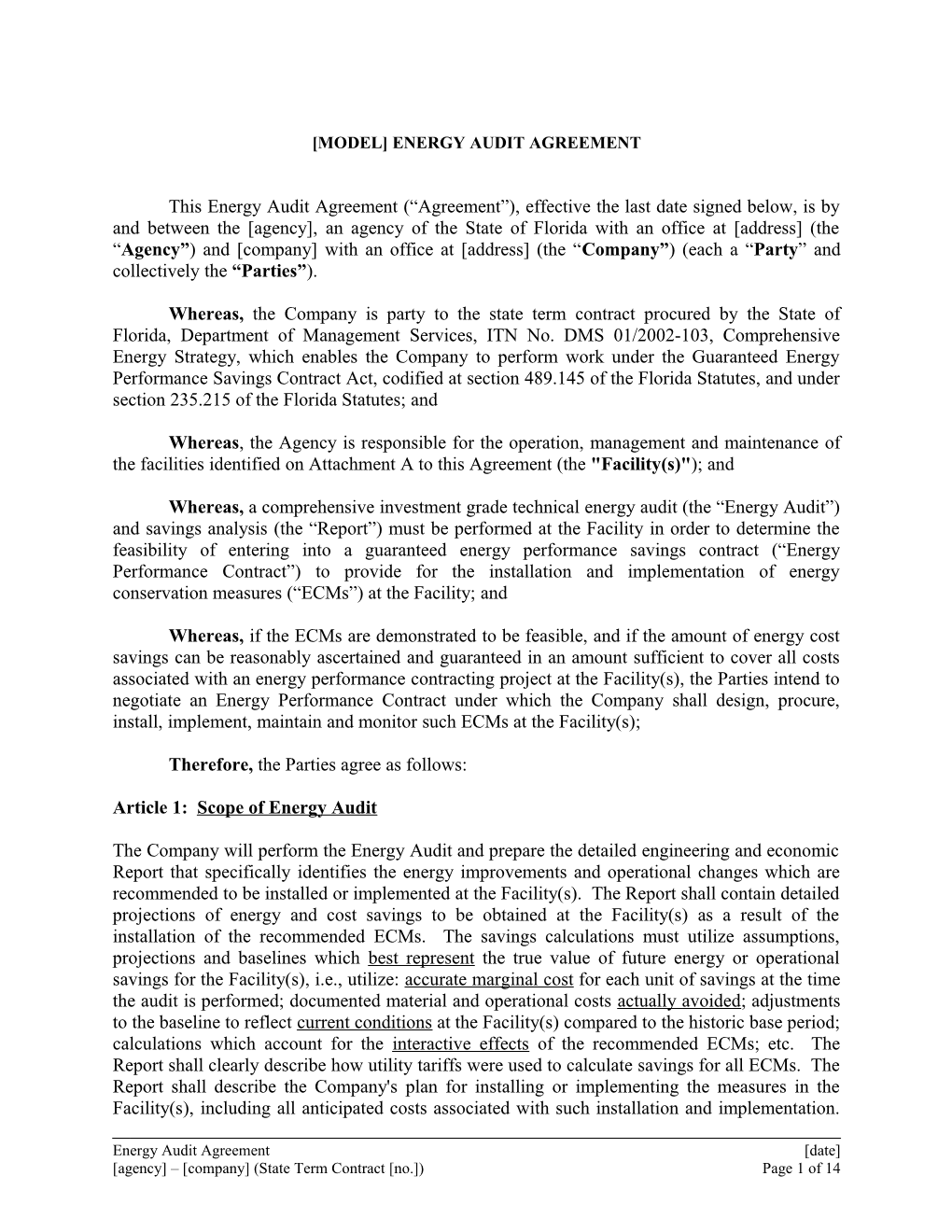 Model Energy Audit Agreement