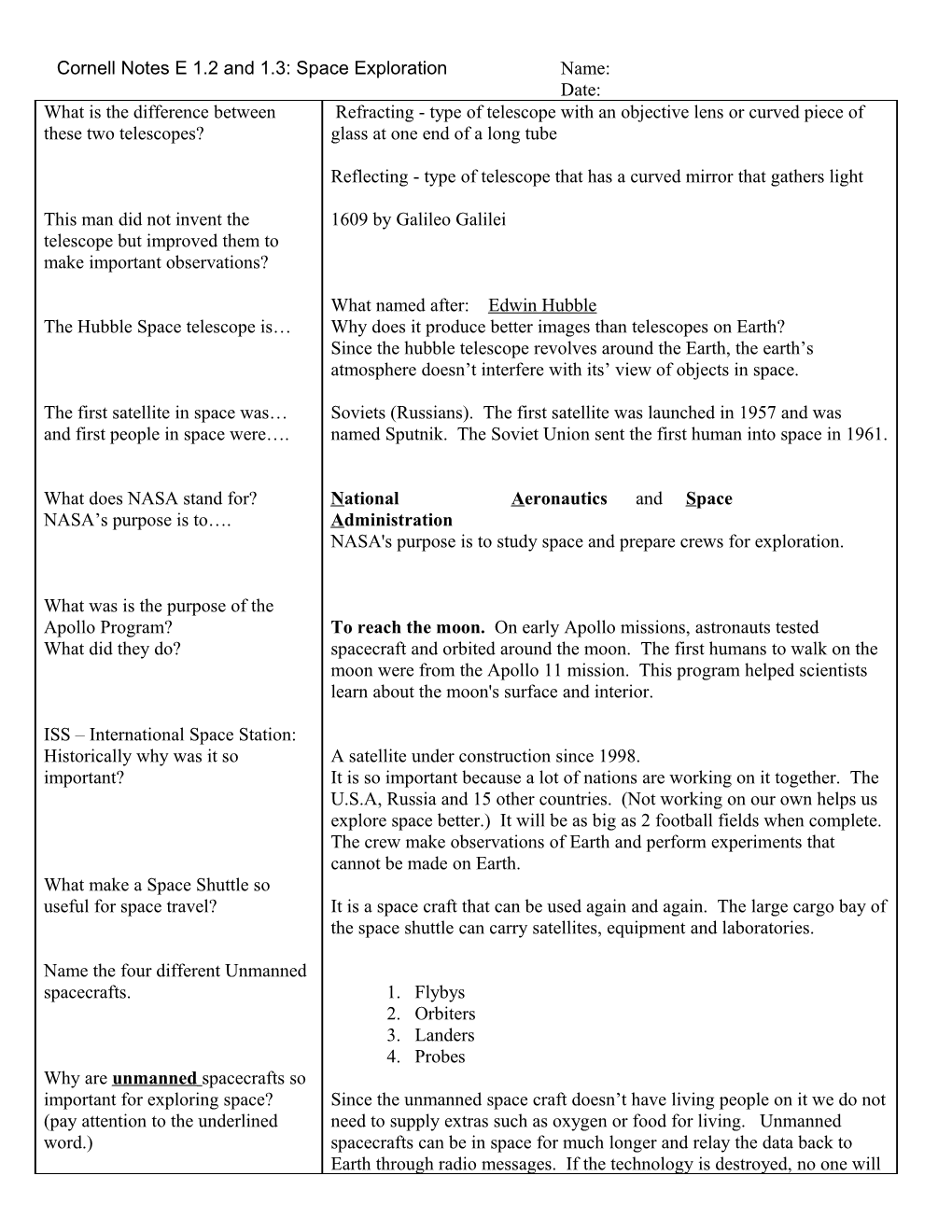 Cornell Notes E 1.2 and 1.3: Space Explorationname