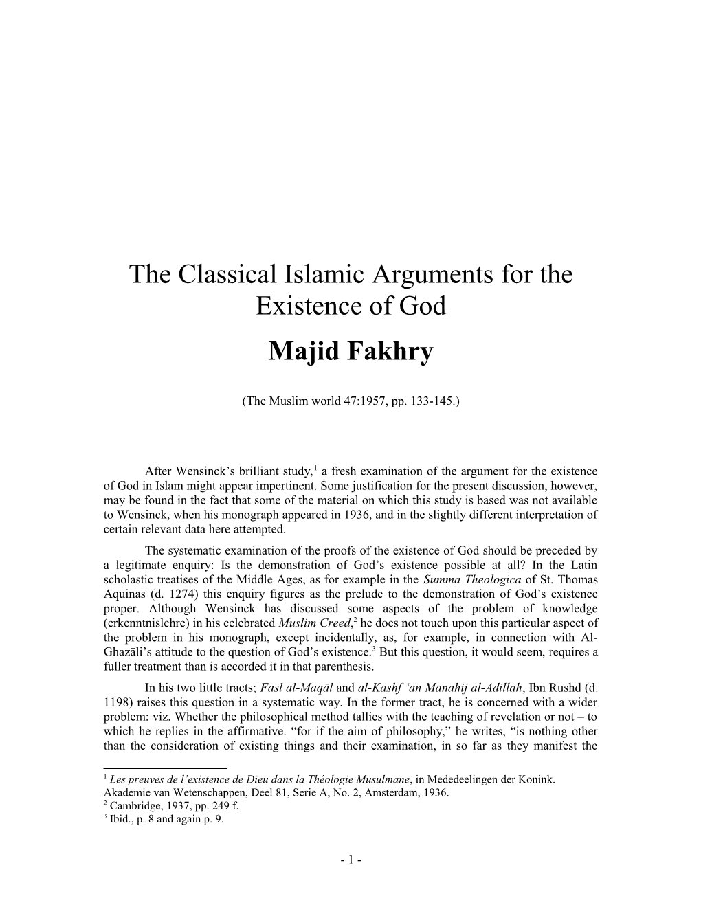 Classical Islamic Arguments for the Existence of God