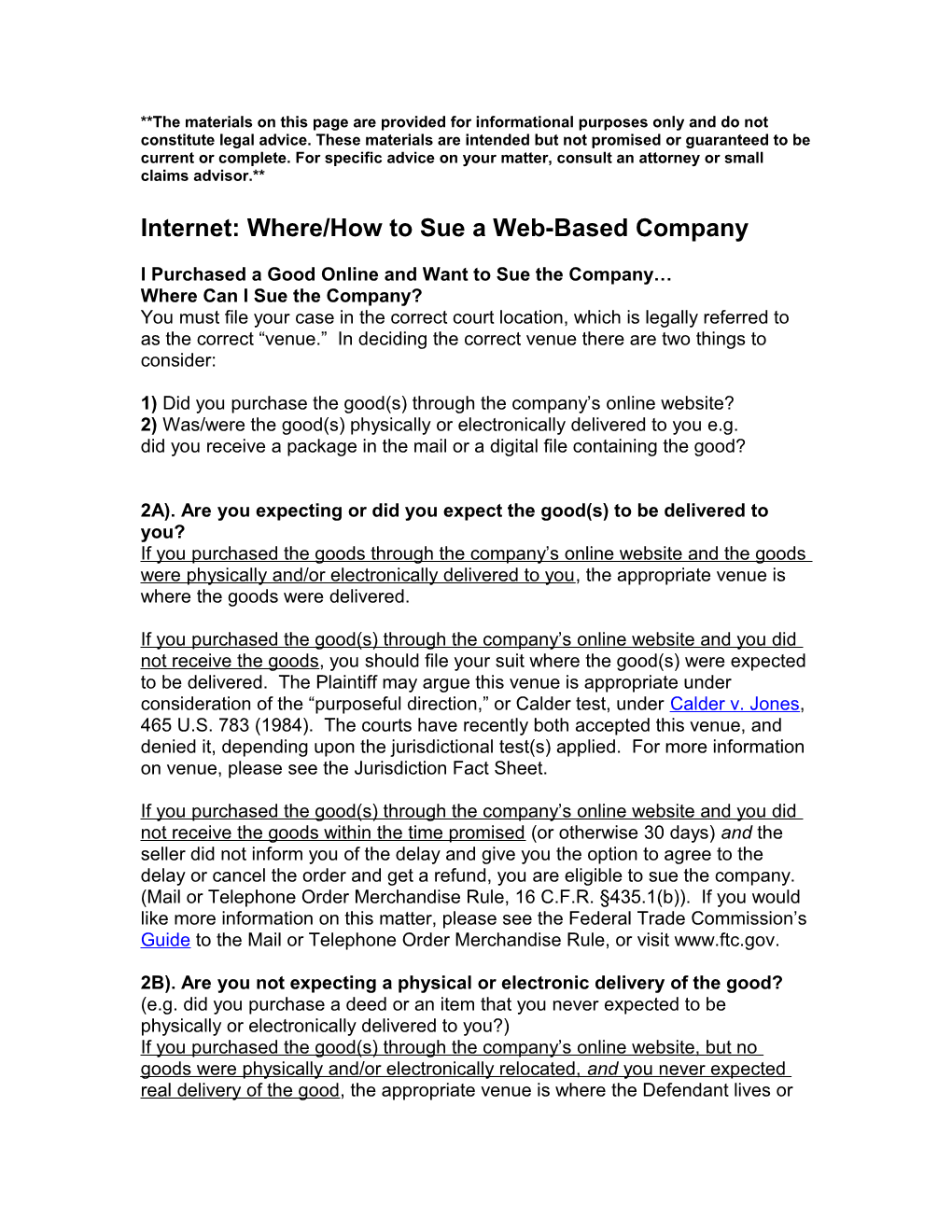 Internet: Where/How to Sue a Web-Based Company