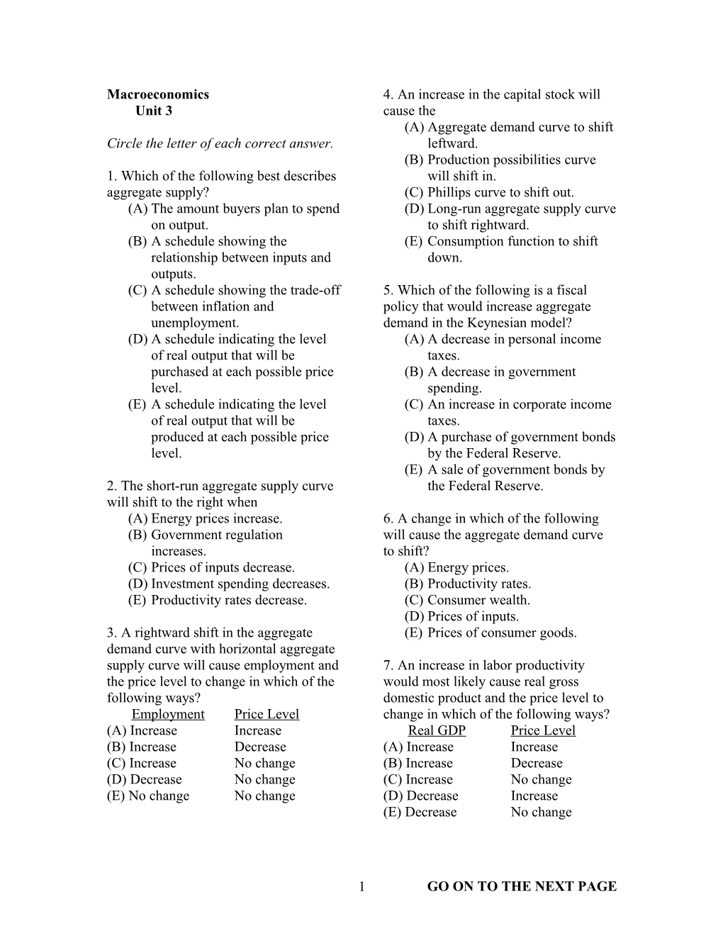 Circle the Letter of Each Correct Answer