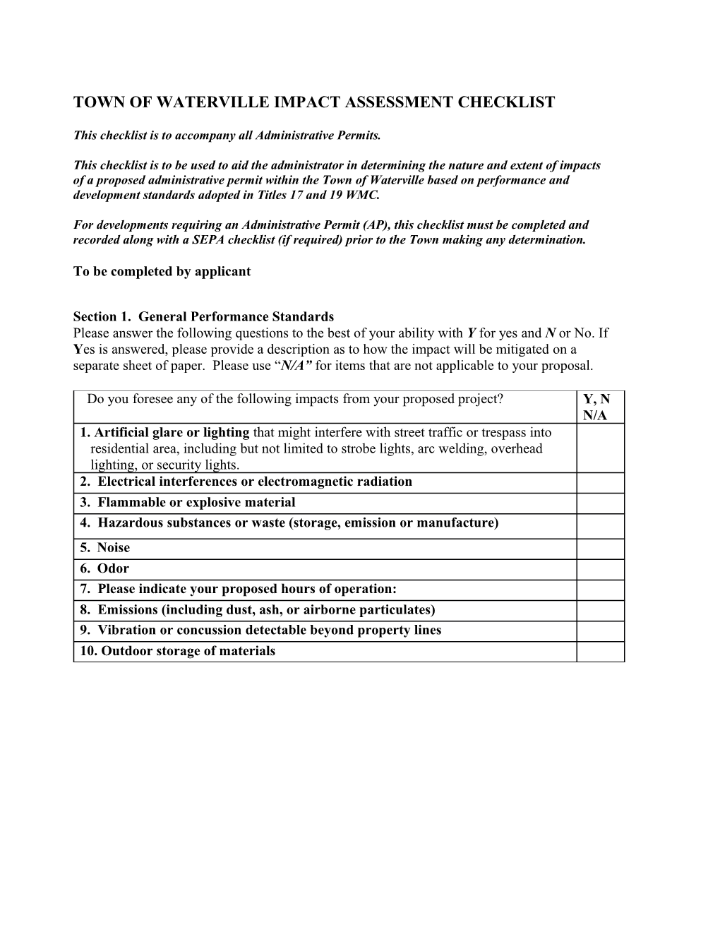 Town of Twisp Impact Assessment Checklist