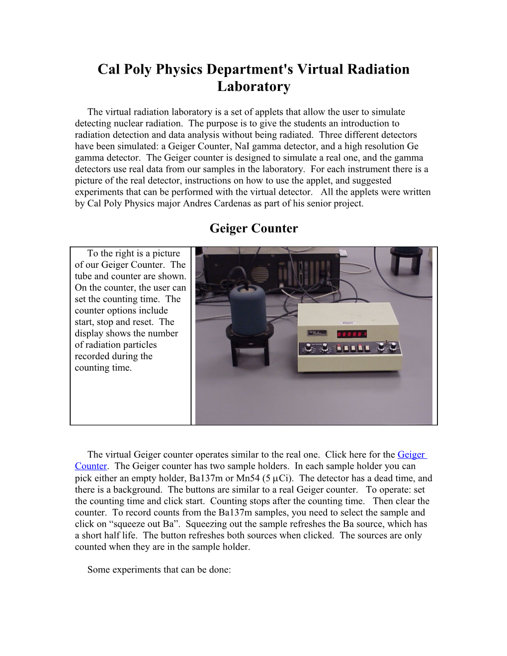 Cal Poly Physics Department's Virtual Radiation Laboratory