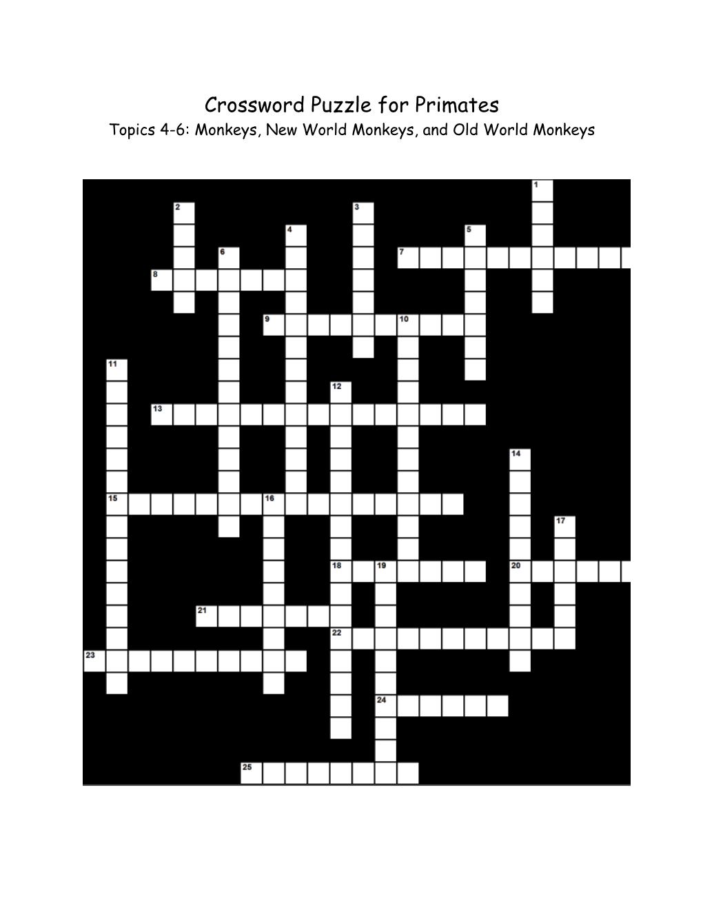 Crossword Puzzle for Primates Topics 4-6: Monkeys, New World Monkeys, and Old World Monkeys