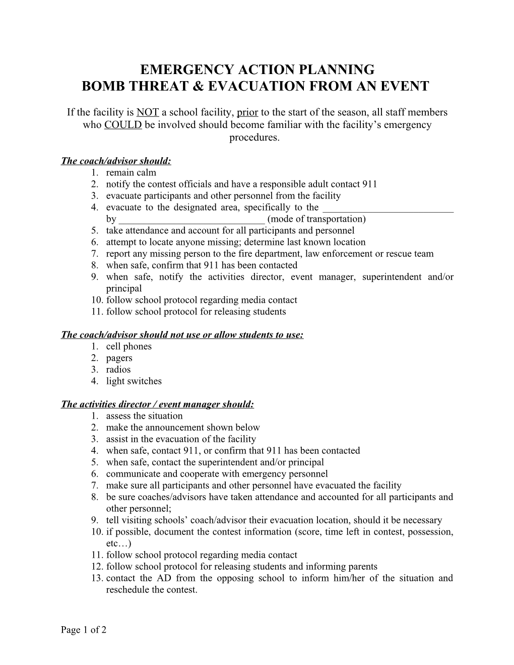 Bomb Threat & Evacuation from an Event