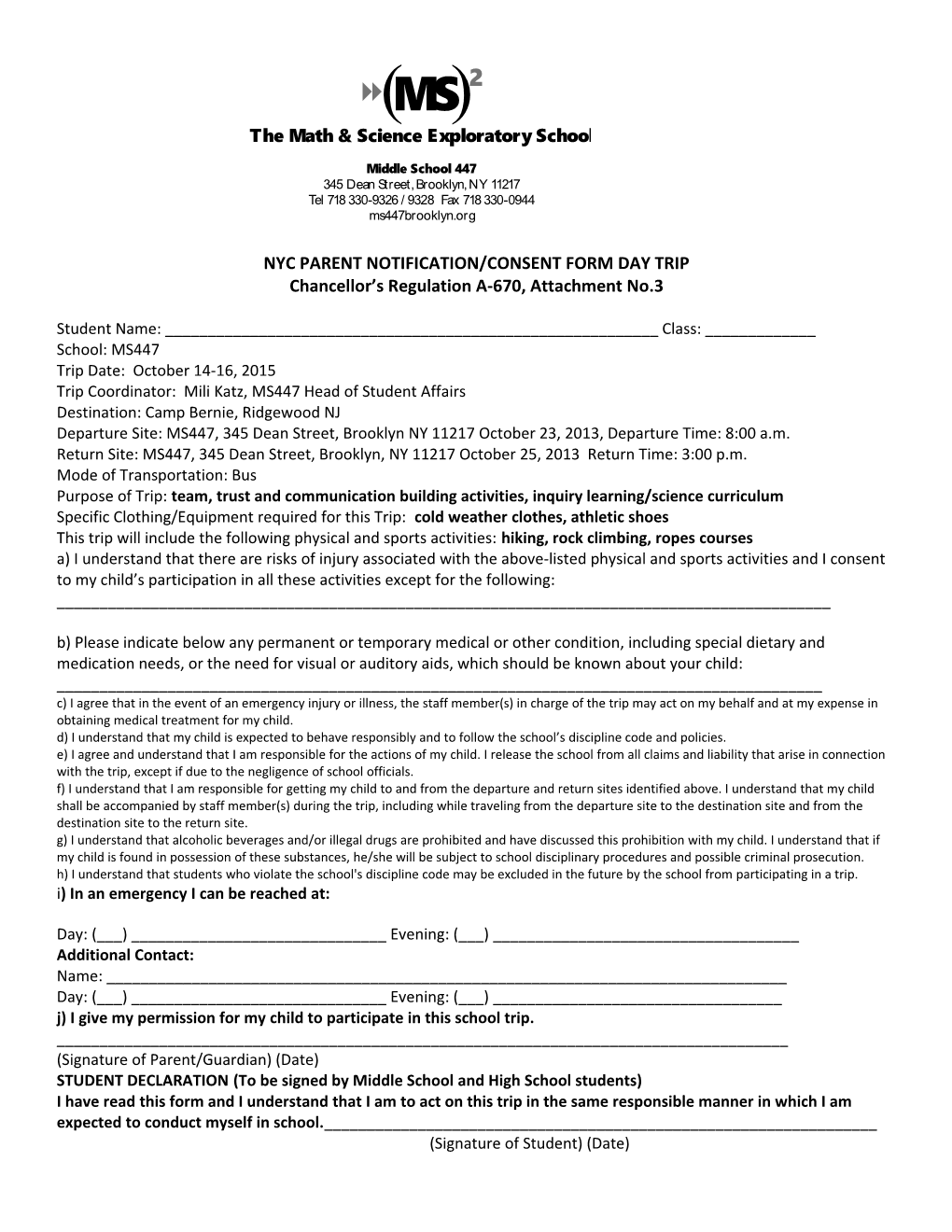 Nyc Parent Notification/Consent Form Day Trip