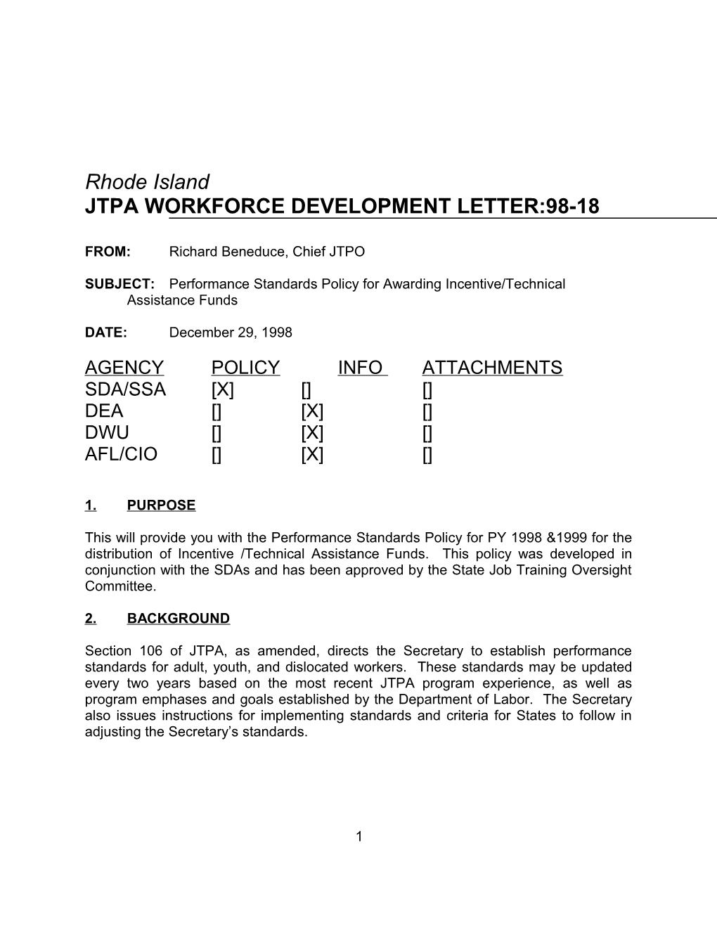 Jtpa Workforce Development Letter:98-18