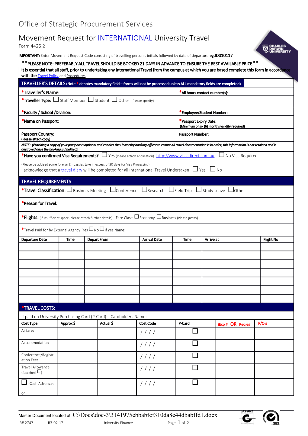 Movement Request for INTERNATIONAL University Travel Form 4425.2