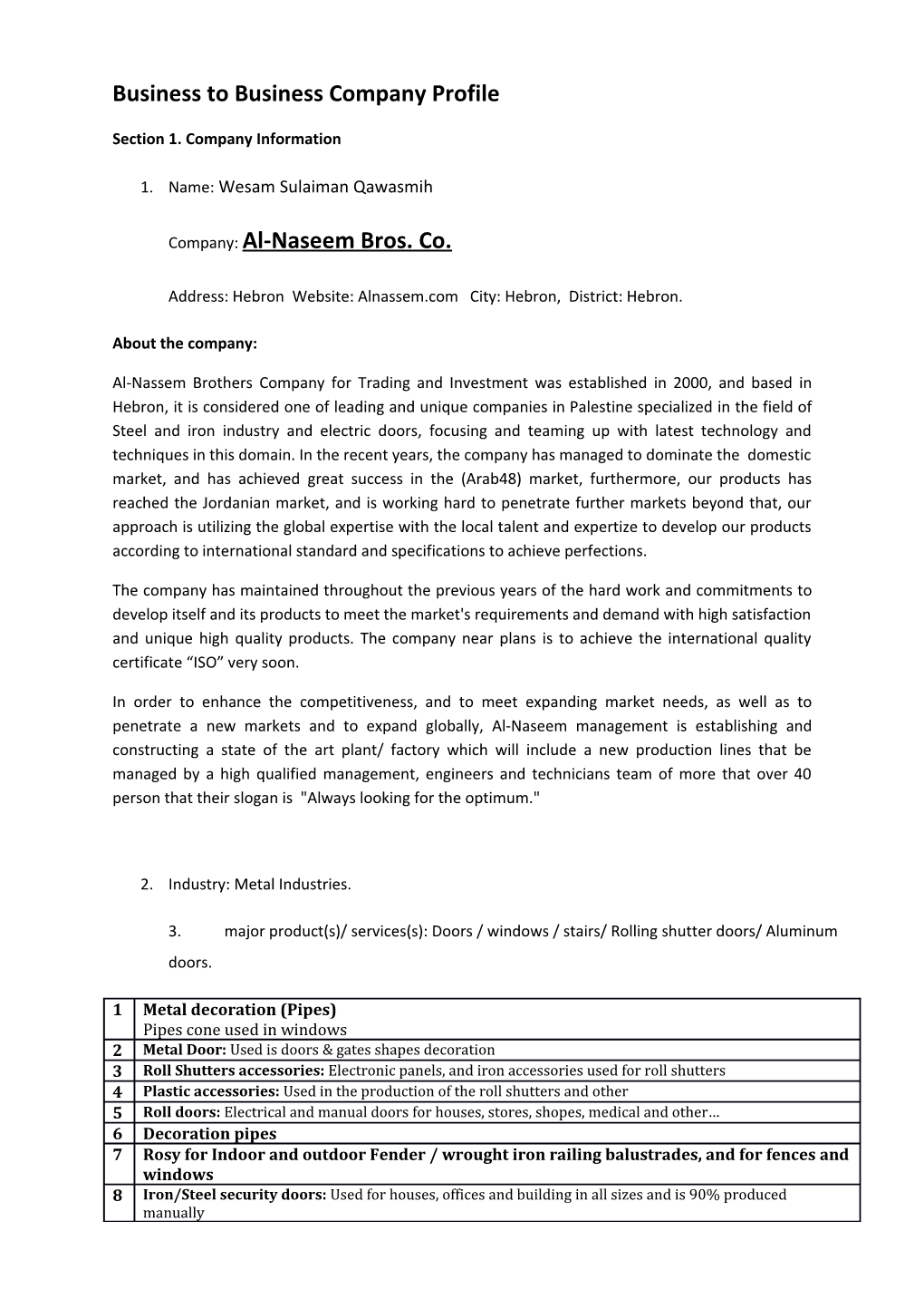 Business to Business Company Profile