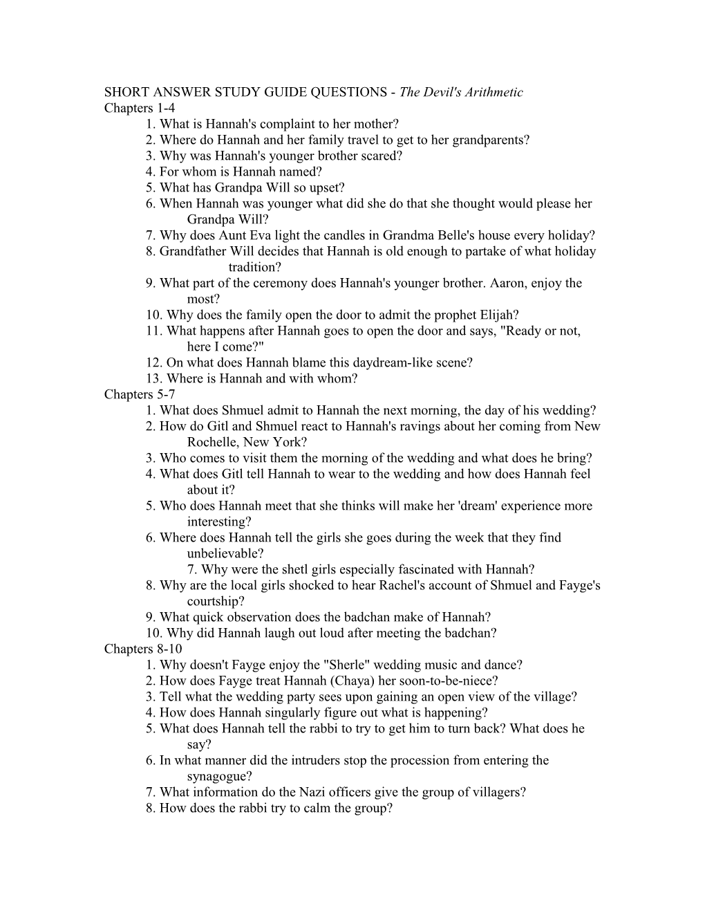 SHORT ANSWER STUDY GUIDE QUESTIONS - the Devil's Arithmetic