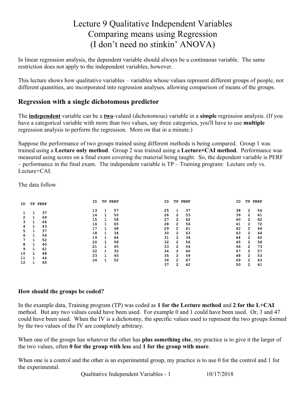 Comparing Group Means Using Regression