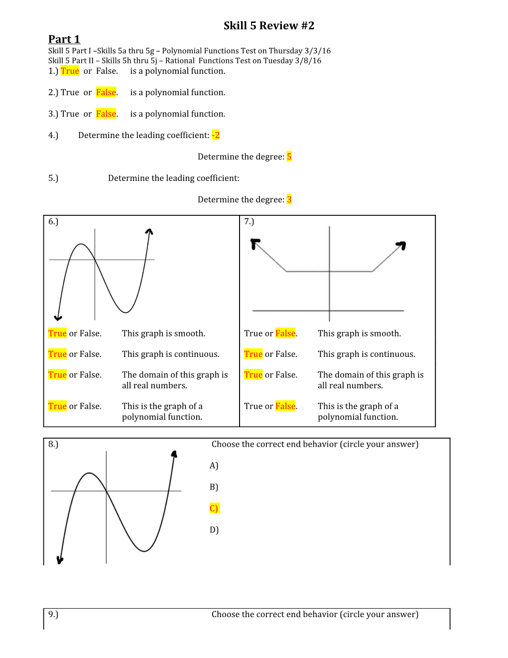 Skill 5 Part I Skills 5A Thru 5G Polynomial Functions Test on Thursday 3/3/16