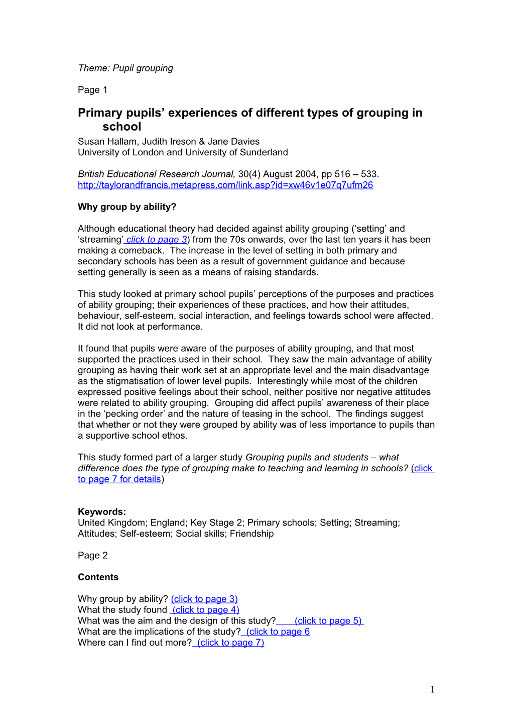 Primary Pupils Experiences of Different Types of Grouping in School