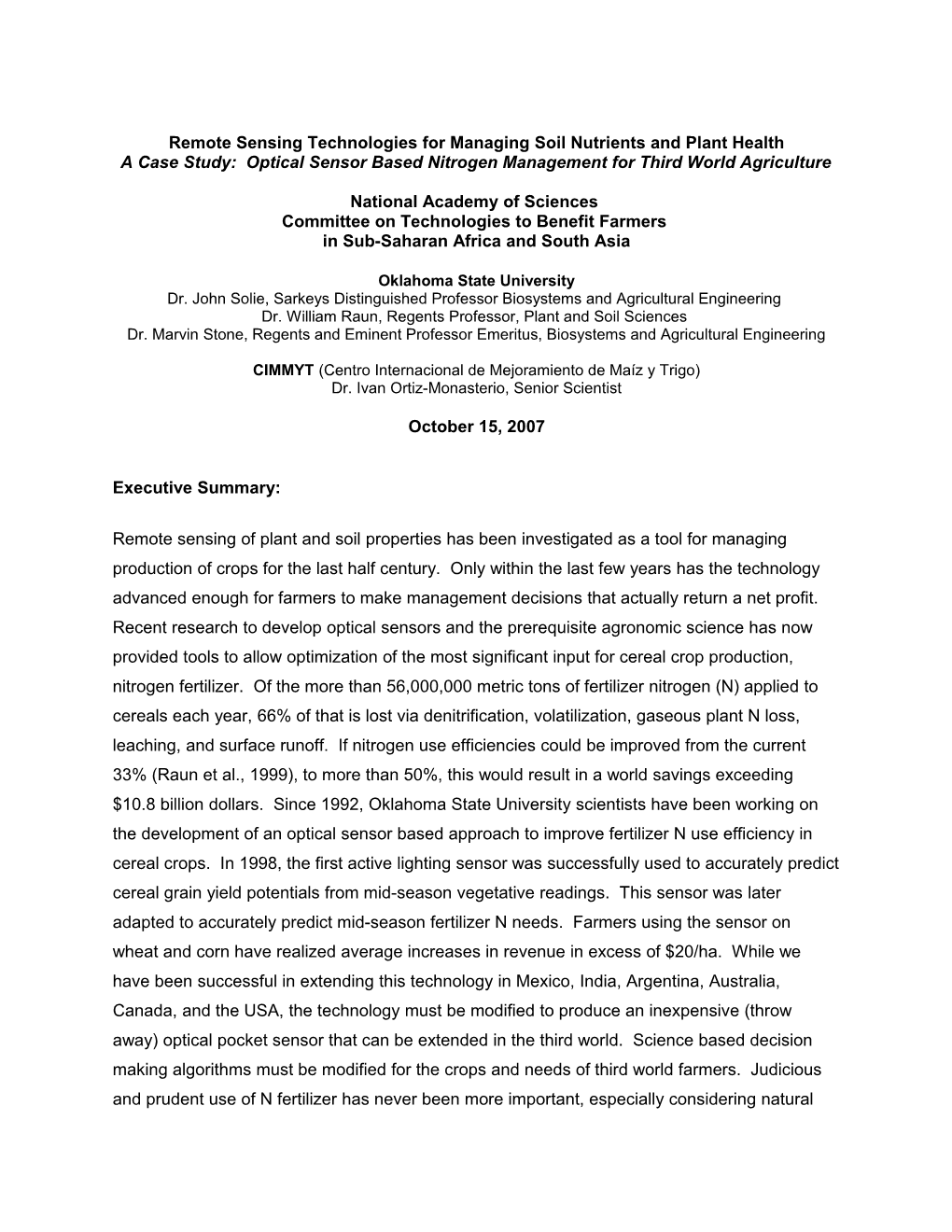 Sensor Based Nitrogen Management for Third World Agriculture