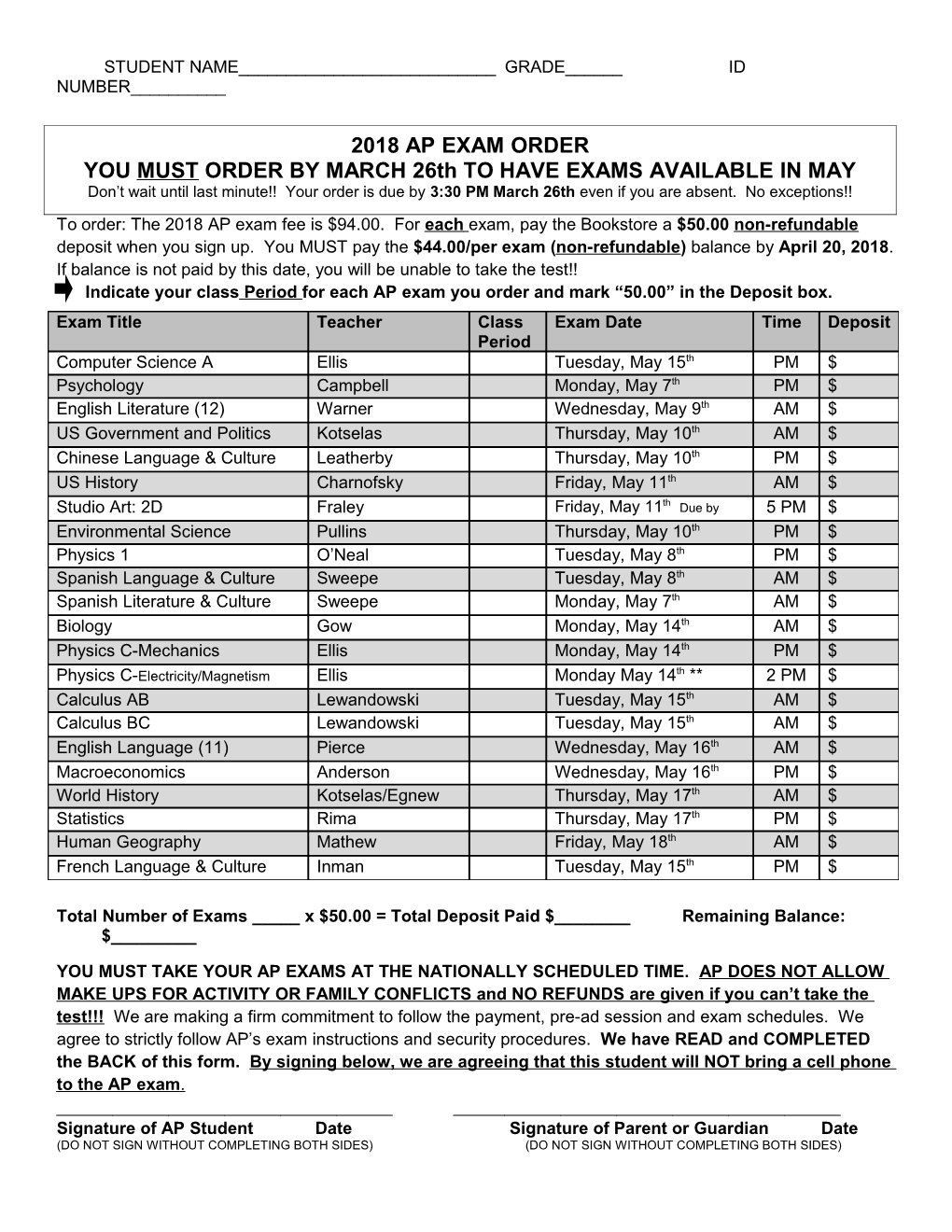 Total Number of Exams _____ X $50.00 = Total Deposit Paid $______Remaining Balance: $______