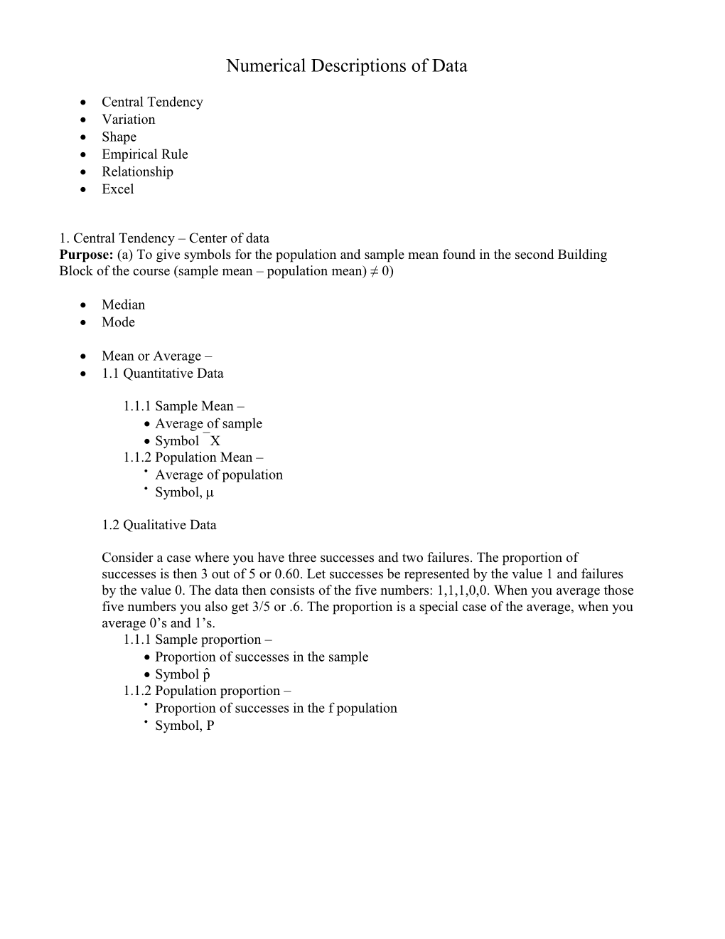 Numerical Descriptions of Data