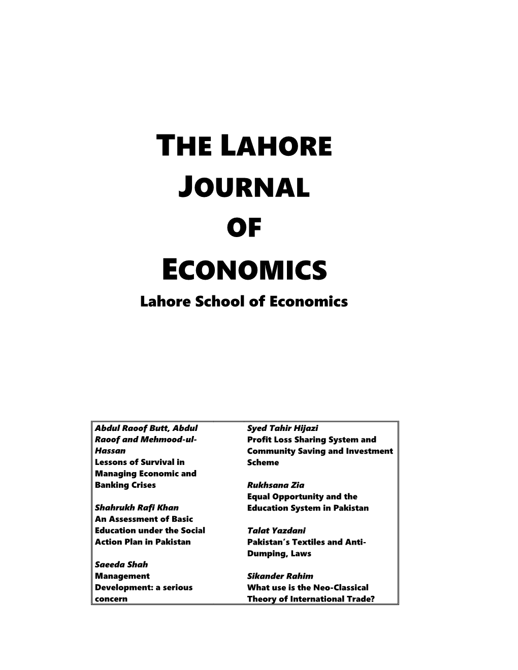 The Lahore Journal of Economics