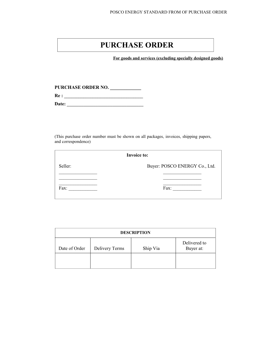 Posco Energy Standard from of Purchase Order