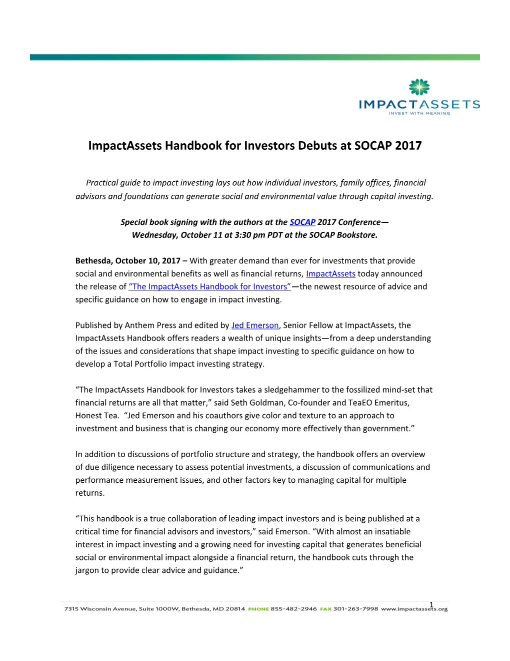 Impactassets Handbook for Investors Debuts at SOCAP 2017