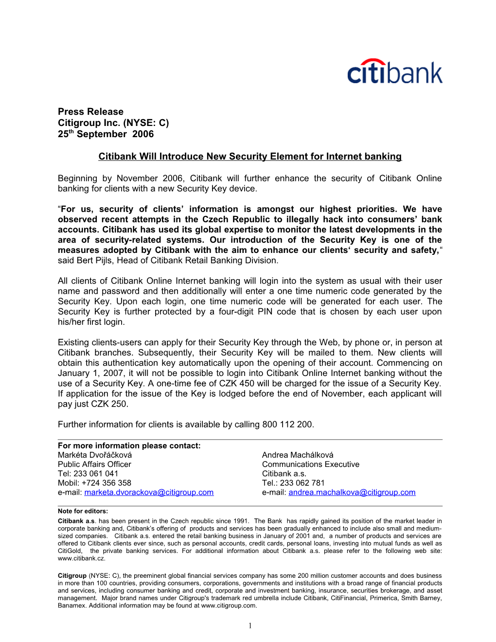 Citibank Will Introduce New Security Element for Internet Banking