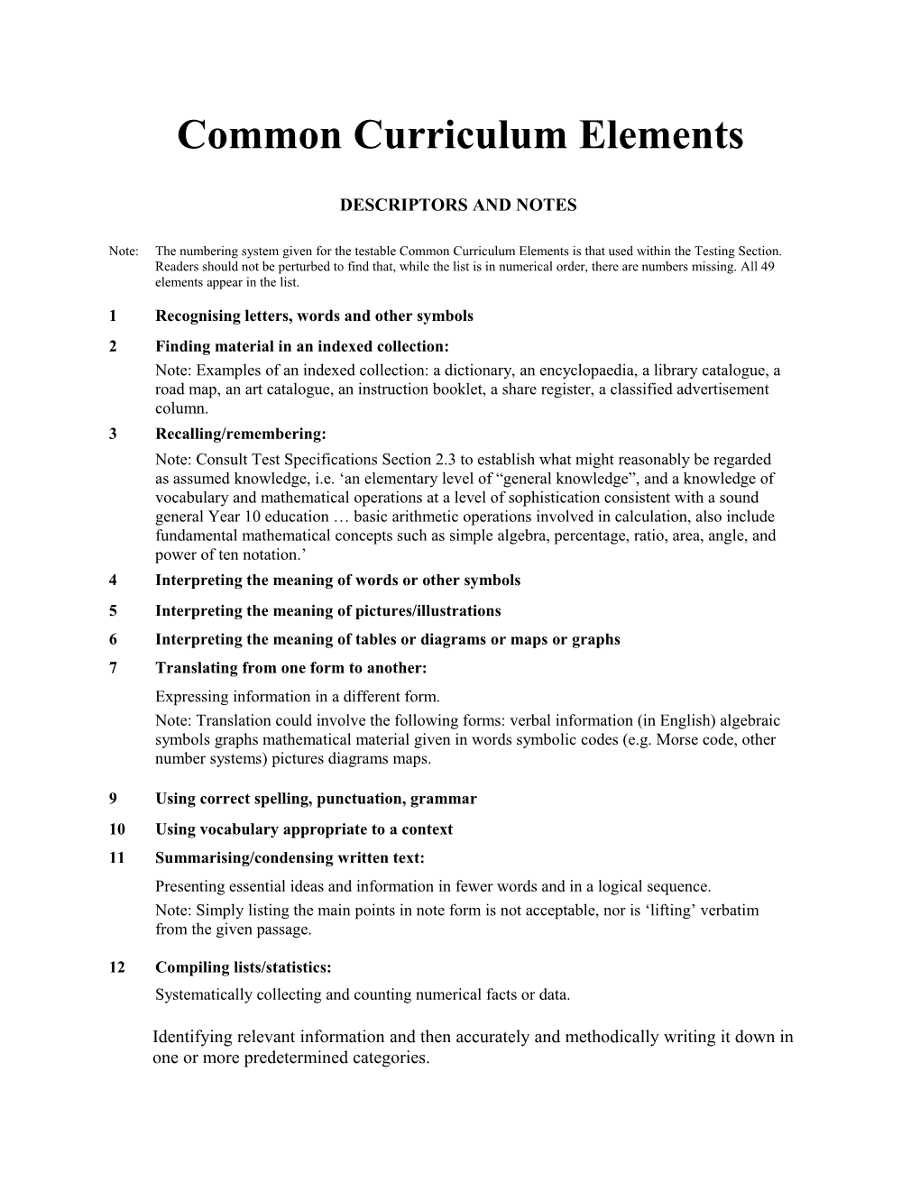 Common Curriculum Elements