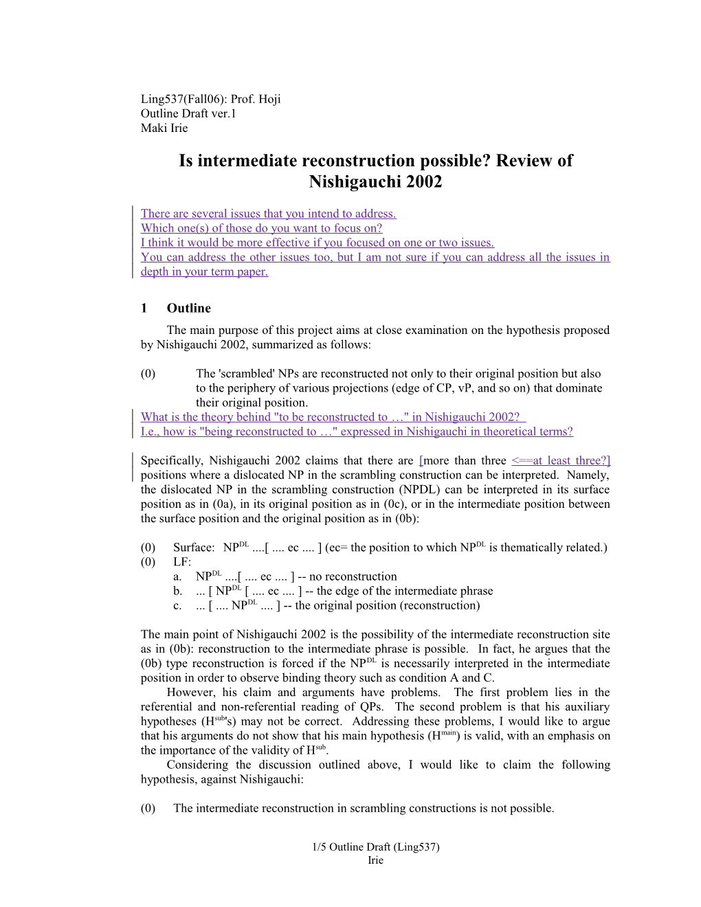 Is Intermediate Reconstruction Possible? Review of Nishigauchi 2002