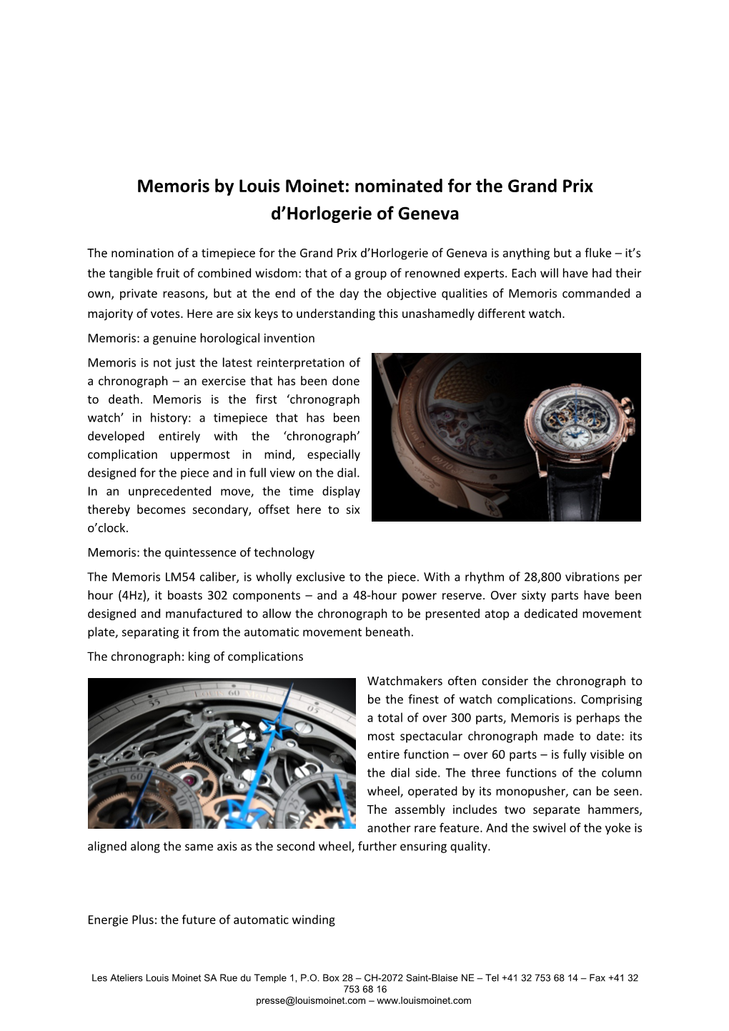Memoris by Louis Moinet: Nominated for the Grand Prix D Horlogerie of Geneva