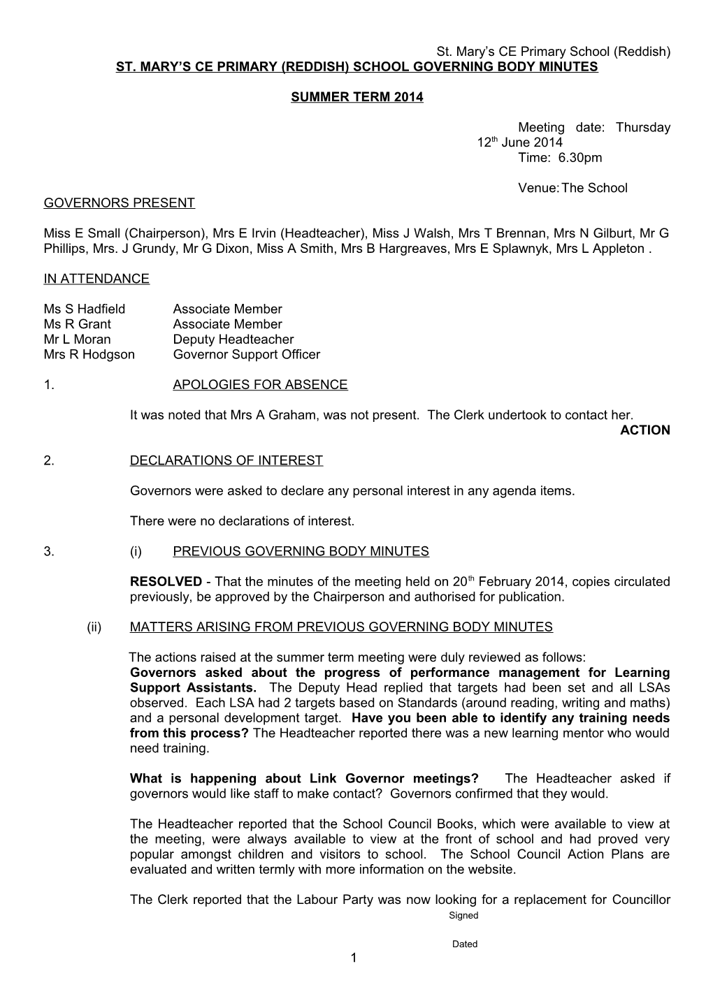 St. Mary S Ce Primary (Reddish) School Governing Body Minutes