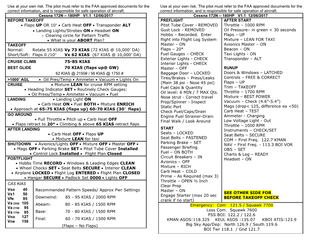 Use at Your Own Risk. the Pilot Must Refer to the FAA Approved Documents for the Correct