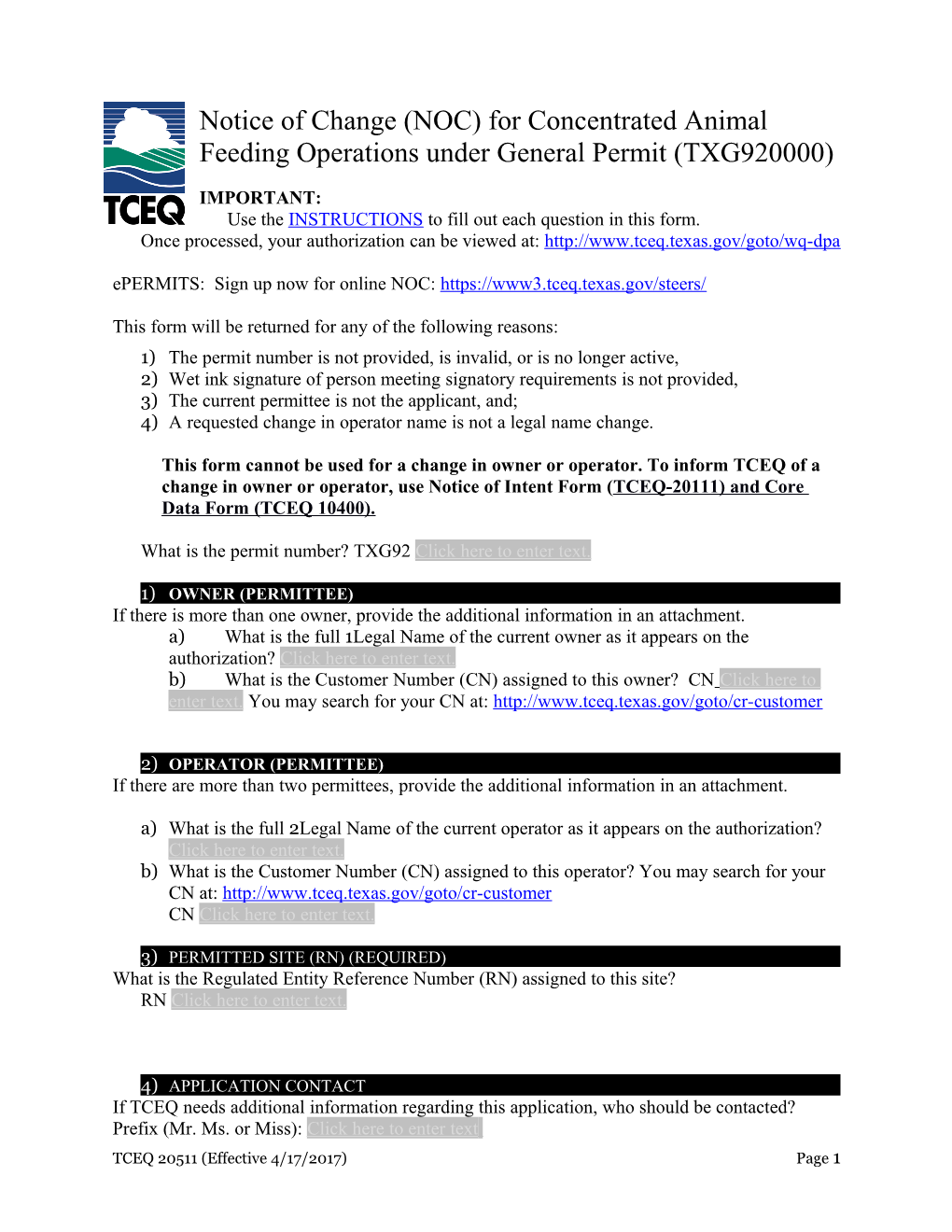 Notice of Change for a Concentrated Animal Feeding Operation Under TXG920000