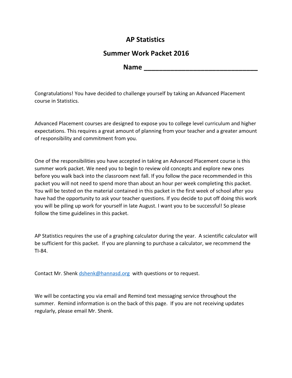 Summer Work Packet 2016