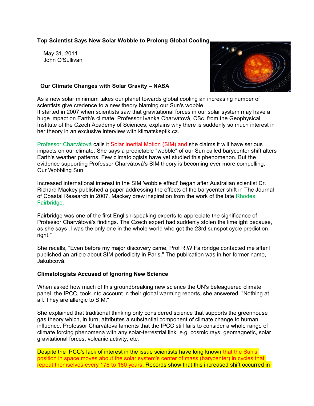 Our Climate Changes with Solar Gravity NASA