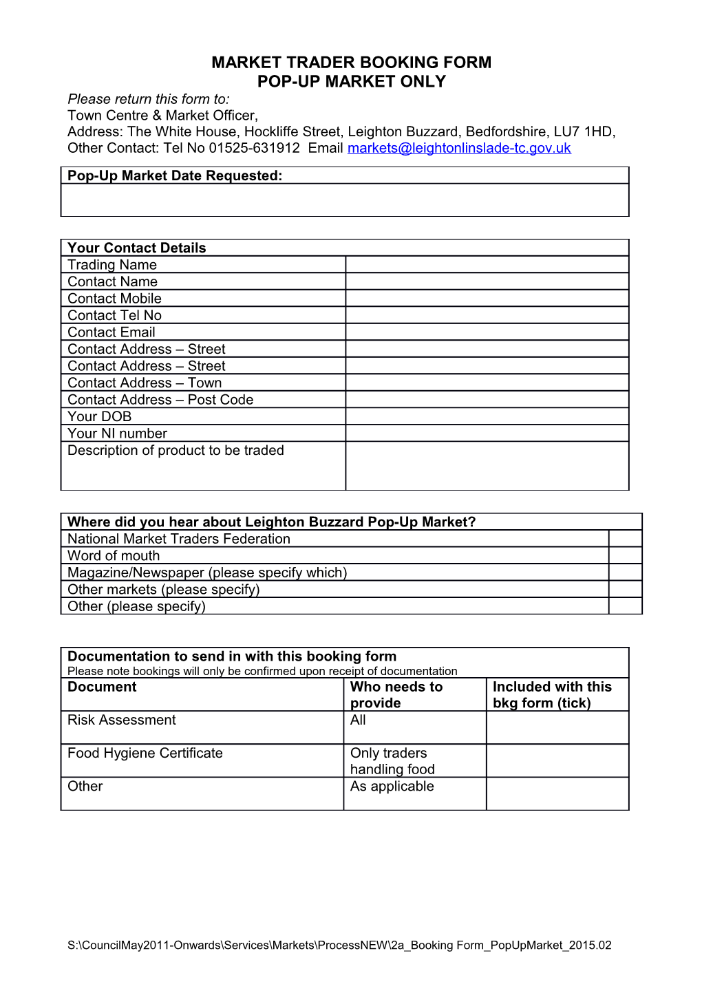 Market Trader Booking Form