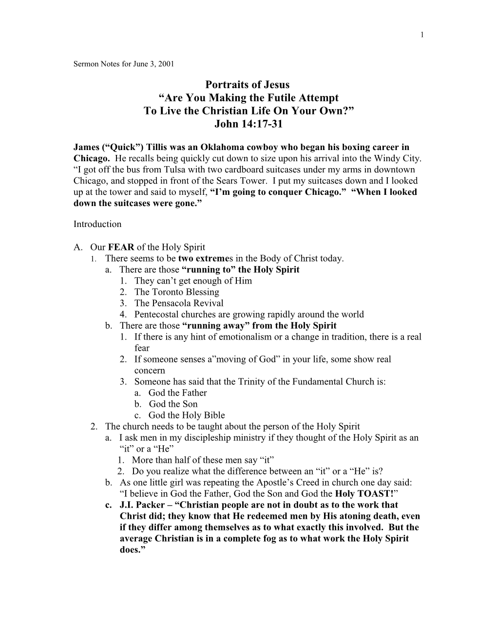 Sermon Notes for June 3, 2001