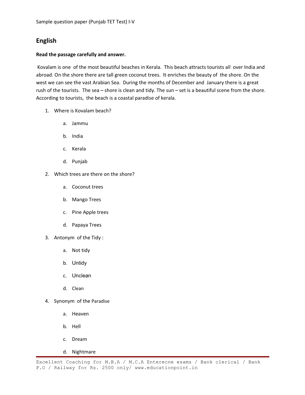 Sample Question Paper (Punjab TET Test) I-V