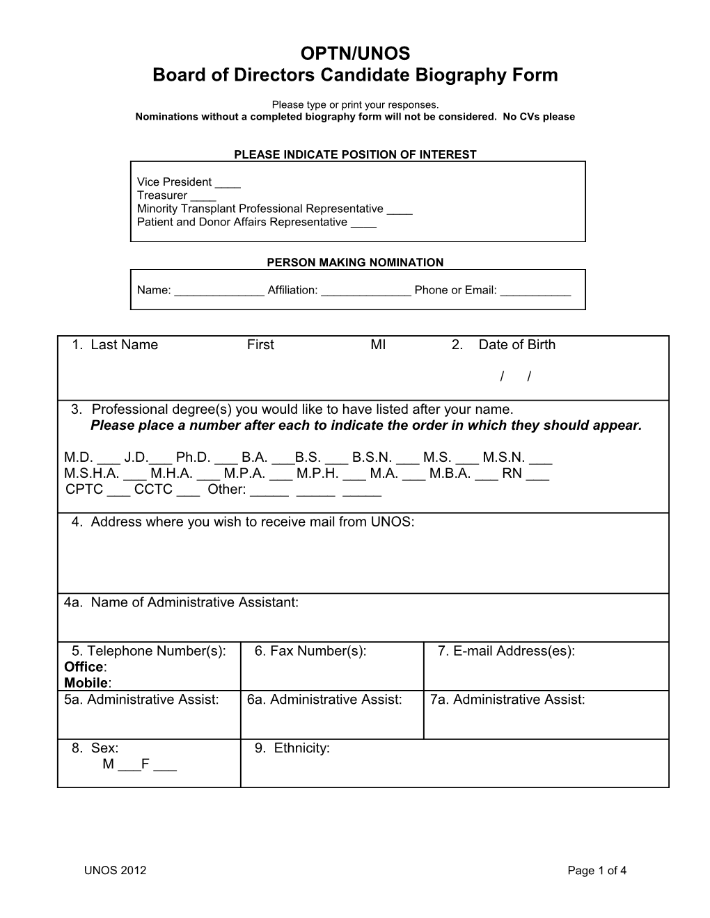 Board of Directors Candidate Biography Form